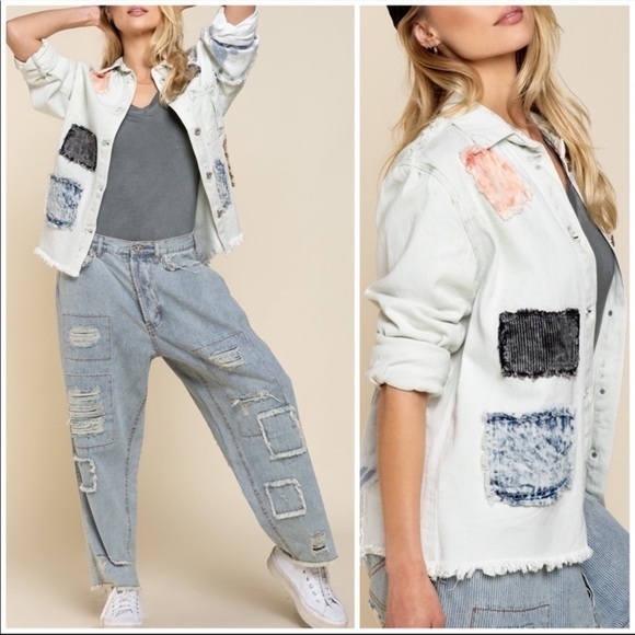 POL Jackets & Blazers - POL Western Bleached Denim Jacket Unique Patchwork Acid Wash Tie Dye